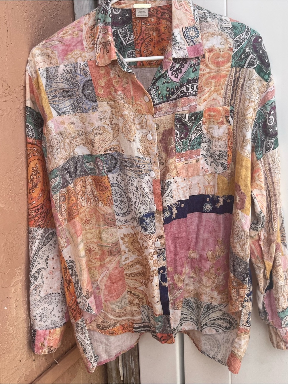 Magaschoni Women’s 90s Era Paisley Patchwork Linen Long Sleeve Shirt Sz S-AS IS - Picture 2 of 6